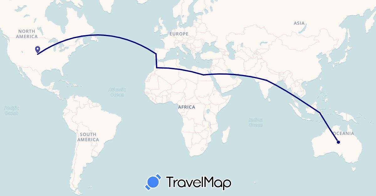 TravelMap itinerary: driving in Australia, Egypt, Indonesia, India, Morocco, Malaysia, Portugal, United States (Africa, Asia, Europe, North America, Oceania)
